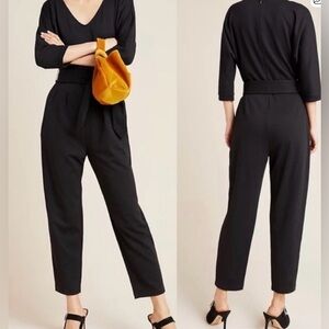 Anthropologie 3/4 Sleeve Belted V Neck Black Jumpsuit Sz L Pockets Minimalist